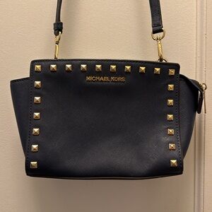 Michael Kors Studded Selma Crossbody Shoulder Navy Bag with Gold Hardware